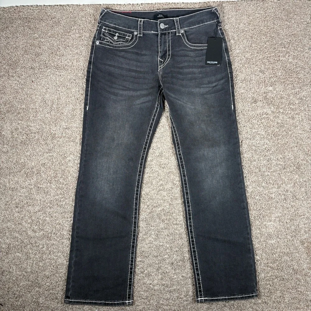 True Religion Ricky Relaxed Straight Big T Flap Jeans Grey Smoky Mist 32 NEW